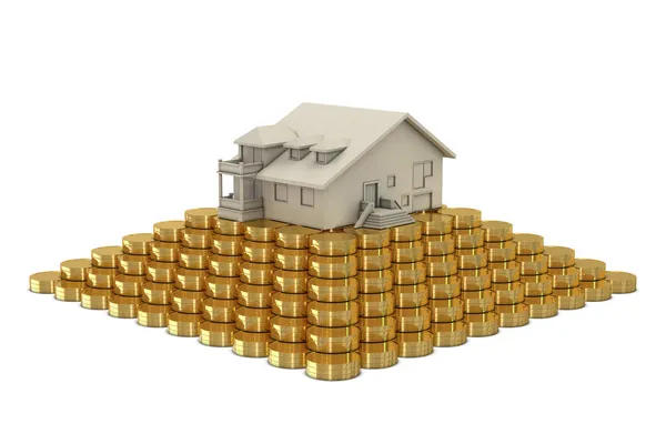 Huis op munten piramide — Stockfoto