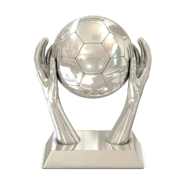 Stříbrné ocenění trofej s hvězdami, ruce a fotbalový míč — Stock fotografie