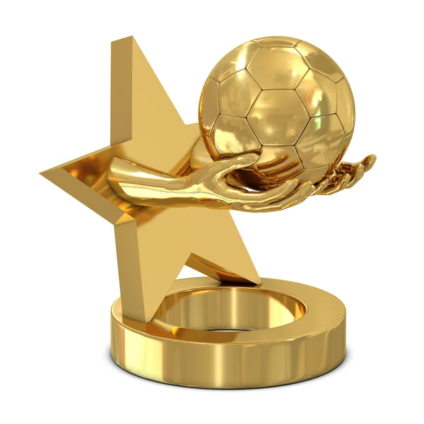 Золотой трофей со звездой, руками и футбольным мячом — стоковое фото