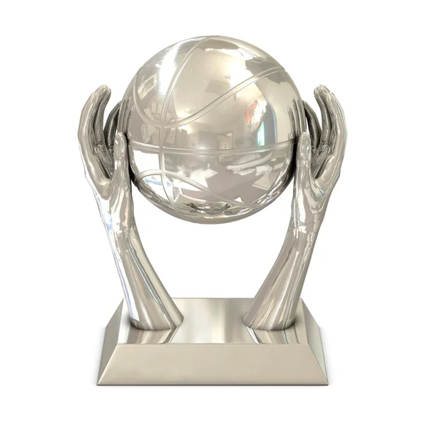 Silberner Siegerpokal mit Sternen, Händen und Basketballkorb — Stockfoto