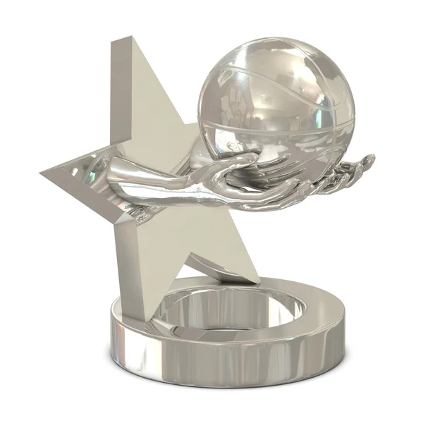 Troféu de prata com estrela, mãos e bola de cesta — Fotografia de Stock