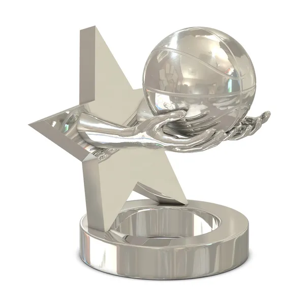 Trofeo d'argento con stella, mani e palla da basket Fotografia Stock