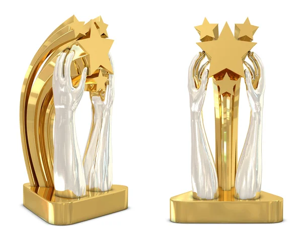 Trophy Med Silver Händer Och Guldstjärnor Isolerad Vit — Stockfoto
