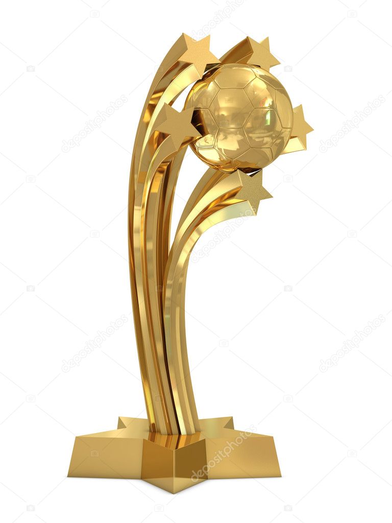 Golden trophy with soccer ball and stars isolated on white background