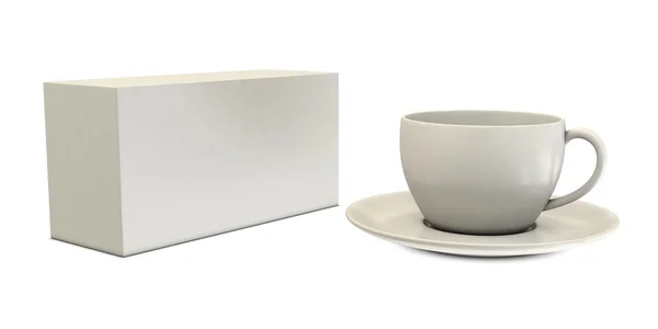 Beyaz kutu boş fincanla — Stok fotoğraf