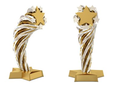 Golden - silver trophy with stars and place for text or sticker isolated on white clipart