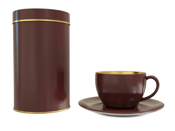 白い背景上に分離されて茶色の空白のボックスで茶色のカップ — ストック写真