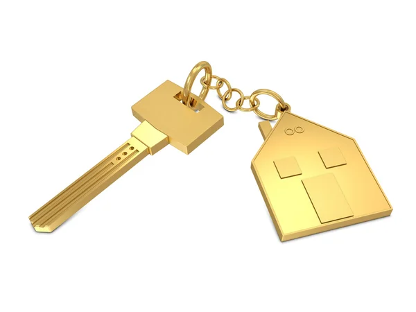 Schlüssel Und Hausgold Isoliert Auf Weiß — Stockfoto