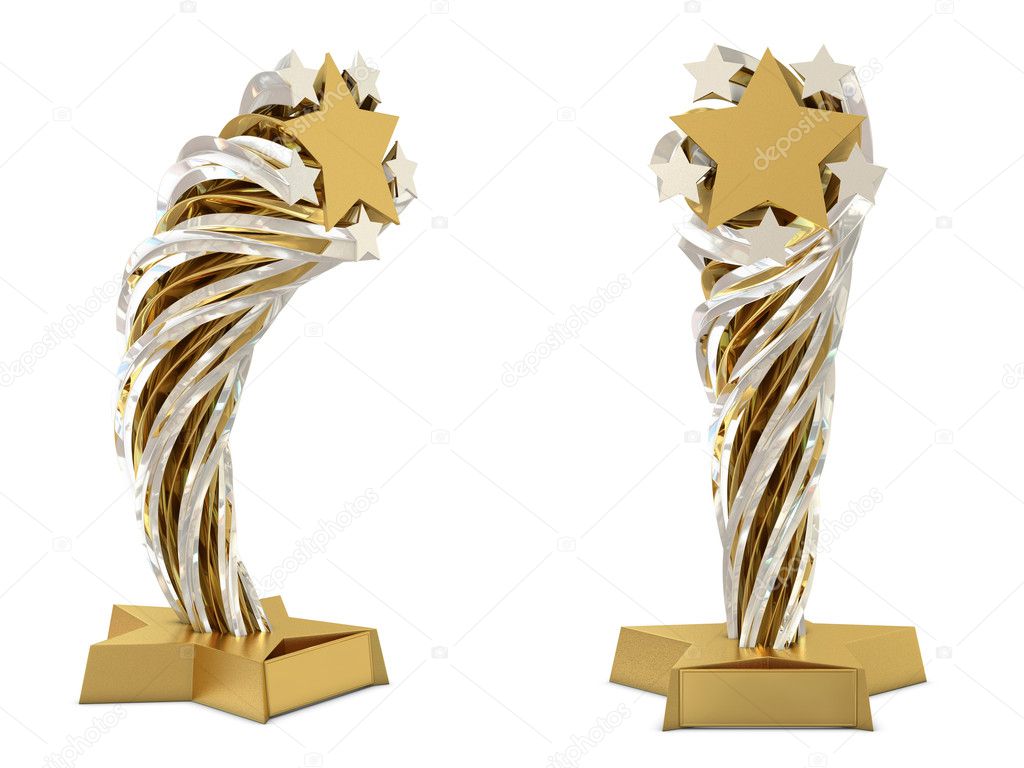 Golden - silver trophy with stars and place for text or sticker isolated on white