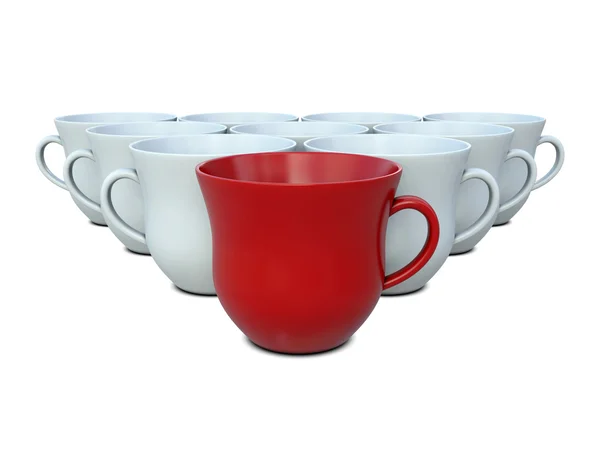 Červený a bílý čaj hrnky ve skupině — Stock fotografie