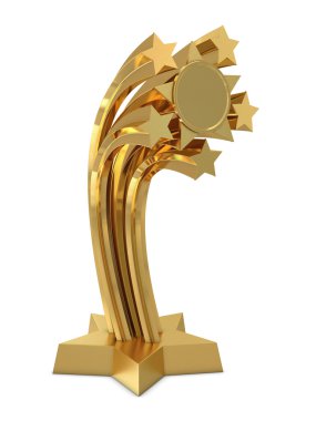 Golden trophy with stars and place for text or sticker isolated on white clipart