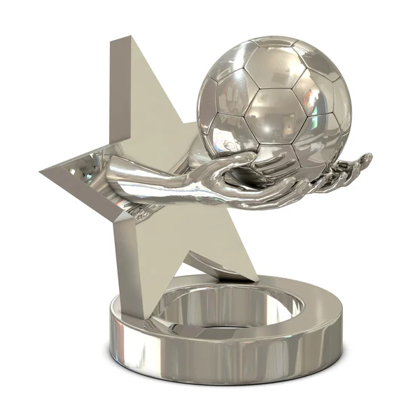 Серебряный Трофей Звездой Руками Футбольным Мячом Изолированным Белом — стоковое фото