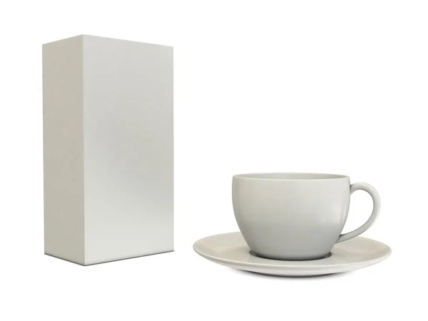 Dikey boş kutu ile beyaz fincan — Stok fotoğraf
