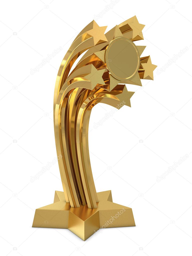 Golden trophy with stars and place for text or sticker isolated on white