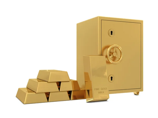 Cofre Dourado Barras Ouro Grupo Isoladas Fundo Branco — Fotografia de Stock