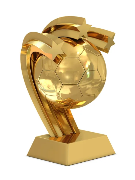 金色奖杯与明星和孤立在白色的足球球 — 图库照片