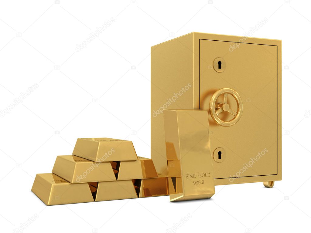 Golden safe deposit and group od golden bars isolated on white background