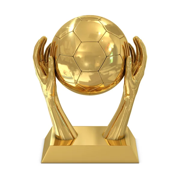 Altın Ödül Kupa Elleriniz Üzerinde Beyaz Izole Futbol Topu — Stok fotoğraf