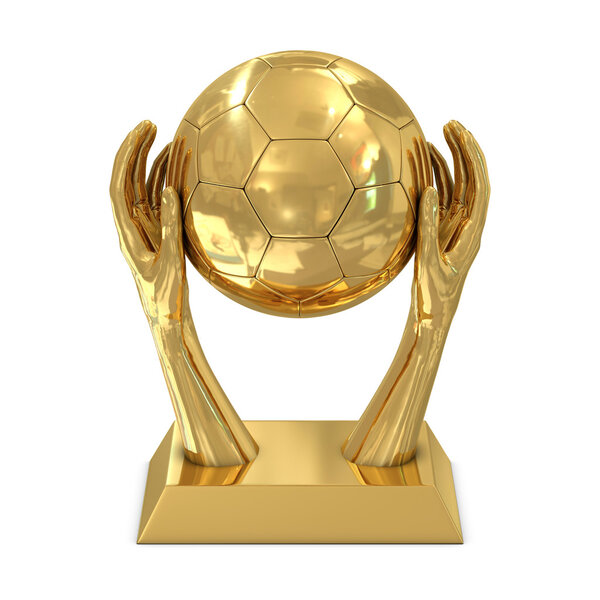 Golden award trophy with hands and soccer ball isolated on white