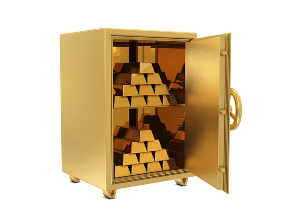 Золотой Сейф Золотыми Слитками Белом Фоне — стоковое фото