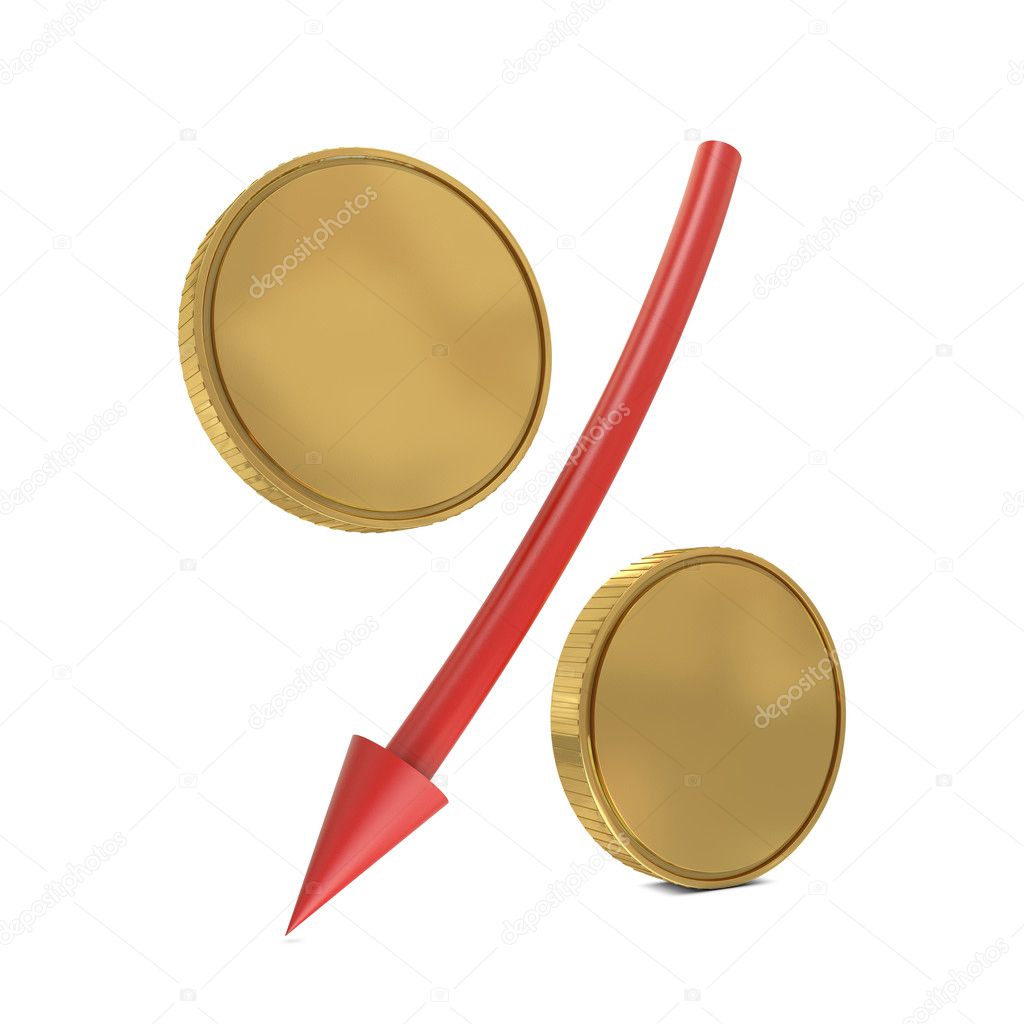 Percent sign with golden coins and red arrow