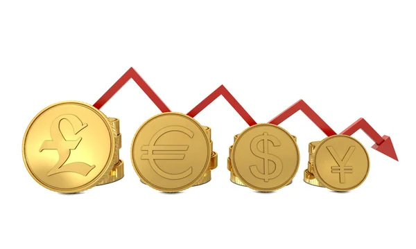 Valuta Symbolen Gouden Munten Grafiek Rode Lijn Wit Wordt Geïsoleerd — Stockfoto