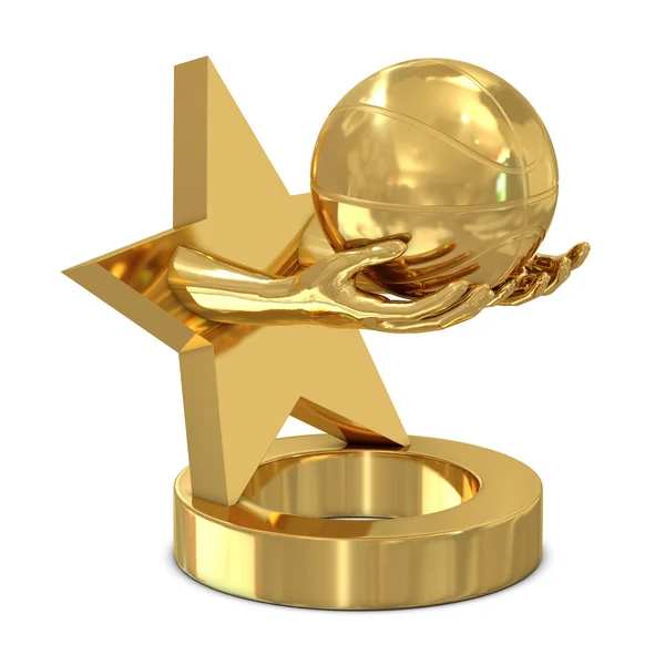 Troféu Dourado Com Estrela Mãos Bola Cesta Isolada Branco — Fotografia de Stock