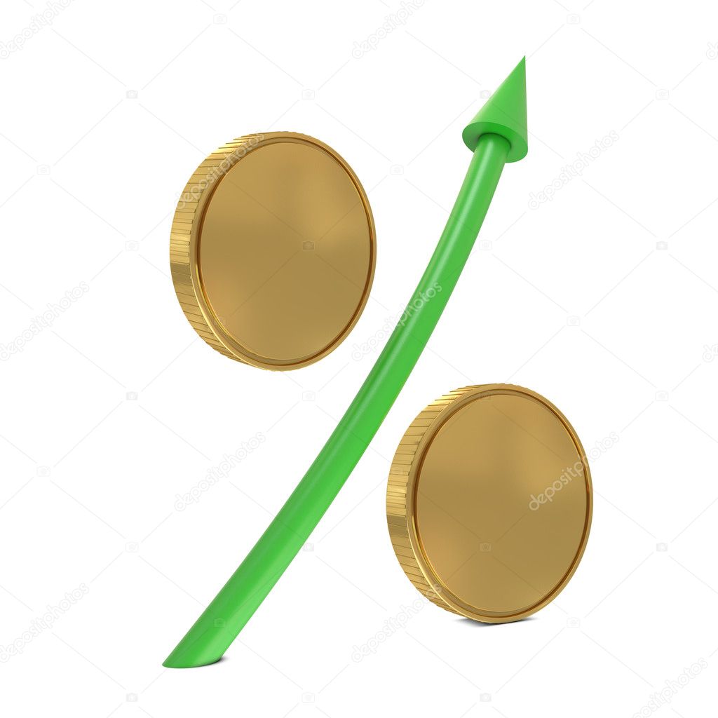 Percent sign with golden coins and green arrow isolated on white