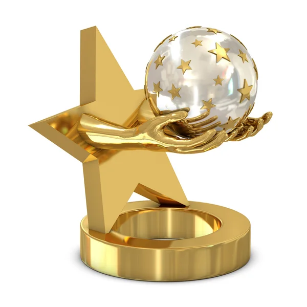 Zlatá trofej s hvězdou a rukama — Stock fotografie