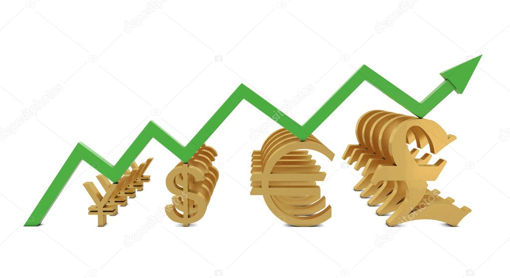 Golden currencies symbols and green growth line