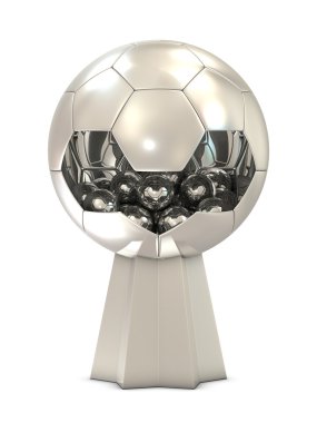 Silver soccer trophy with one big and group of small balls clipart