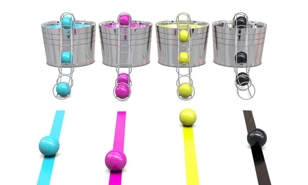 Secchio con colori CMYK e palline — Foto Stock
