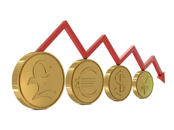Valuta symbolen in gouden munten en rode lijn — Stockfoto