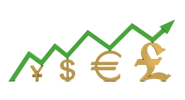 Golden currencies symbols and green growth line — Zdjęcie stockowe