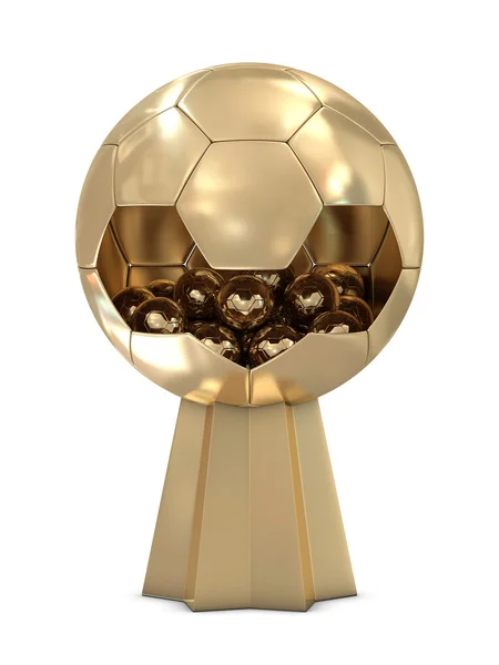 Trofej zlatý fotbal s jedním velkým a skupina malých kuliček — Stock fotografie