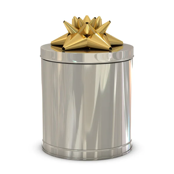 Silberne Geschenkschachtel mit goldener Blume oben — Stockfoto