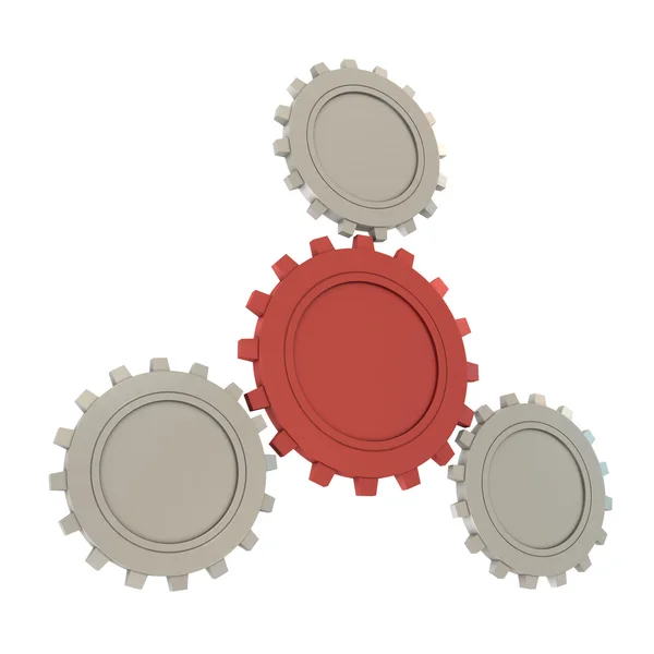 Jedna červená a tři stříbrné gears — Stock fotografie