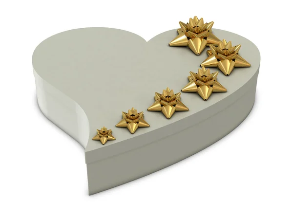 Beyaz kalp hediye kutusu ve üst altın çiçek — Stok fotoğraf