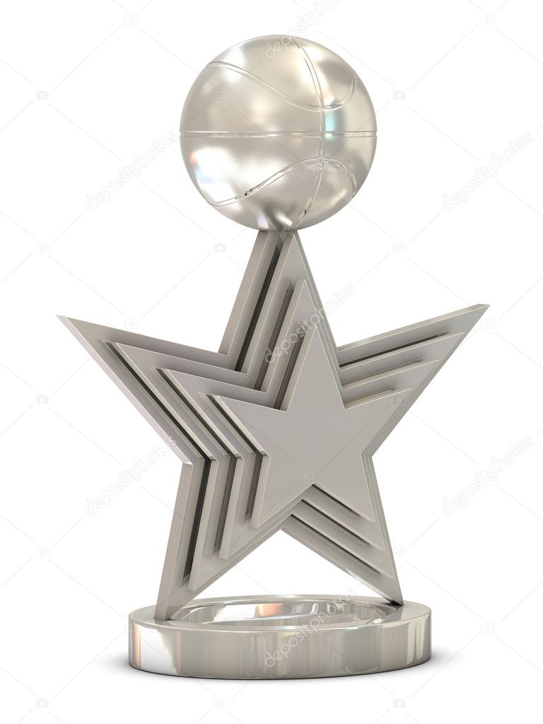Silver basketball trophy with multiple stars and ball