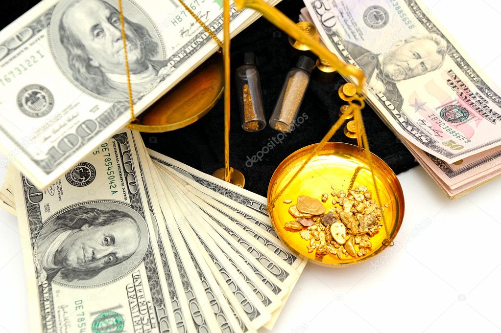 Gold nuggets in the pan of a balance scale with many fifty and hundred dollar bills showing the value of both