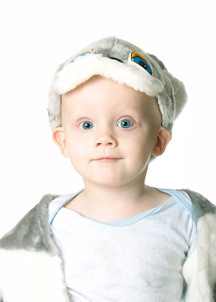 Nahaufnahme Porträt Eines Kleinen Jungen Hasenkostüm Isoliert Auf Weißem Hintergrund — Stockfoto