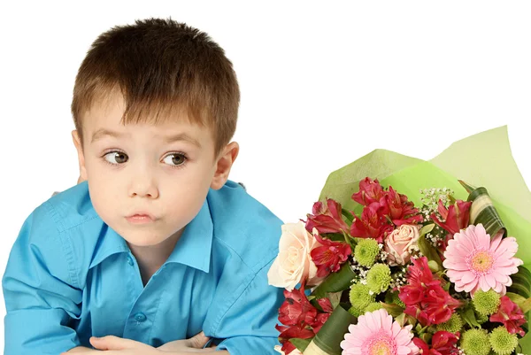 Beyaz Arka Plan Üzerinde Izole Çeşitli Çiçekler Buket Bir Çocuk — Stok fotoğraf
