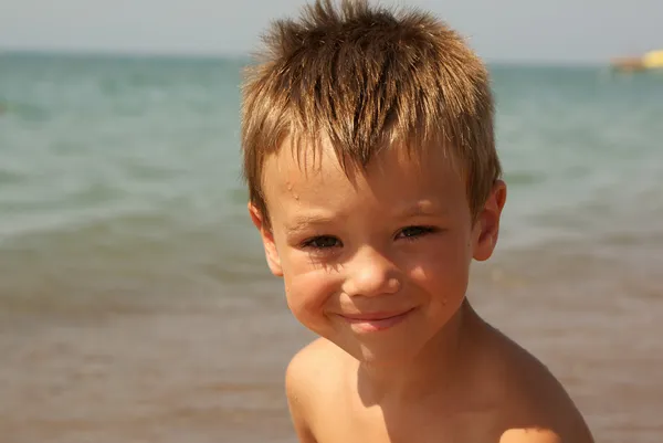 Portrait Young Boy Sea Background — Stock Photo, Image