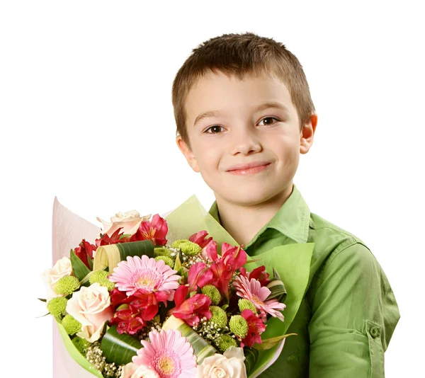 花の花束と一人の男の子 — ストック写真