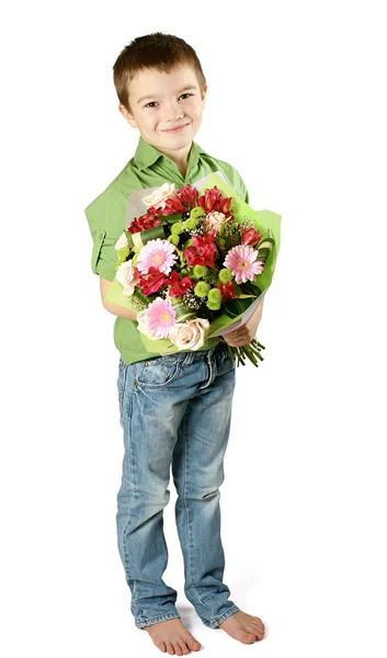 One Boy Standing Bouquet Miscellaneous Flowers Isolated White Background — Stock Photo, Image