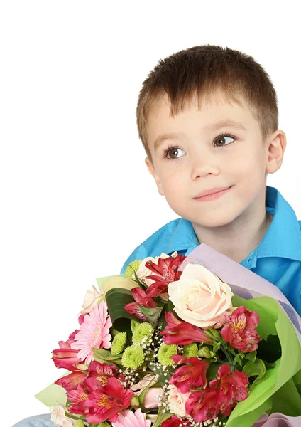 一个男孩与孤立在白色背景上的杂项花束 — 图库照片