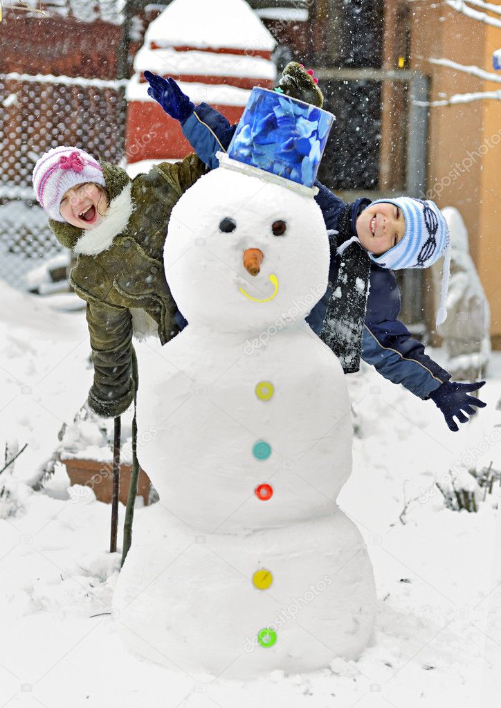 Snowman and kids