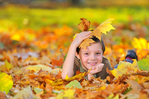 Fiú őszi erdőben játszik a levelek — Stock Fotó