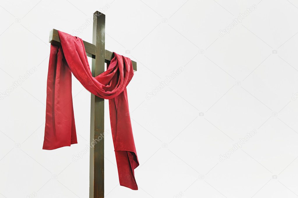 Images: cross with red cloth | Wooden Cross with Red Cloth — Stock