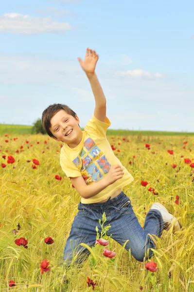Счастливый Мальчик Прыгает Поле — стоковое фото